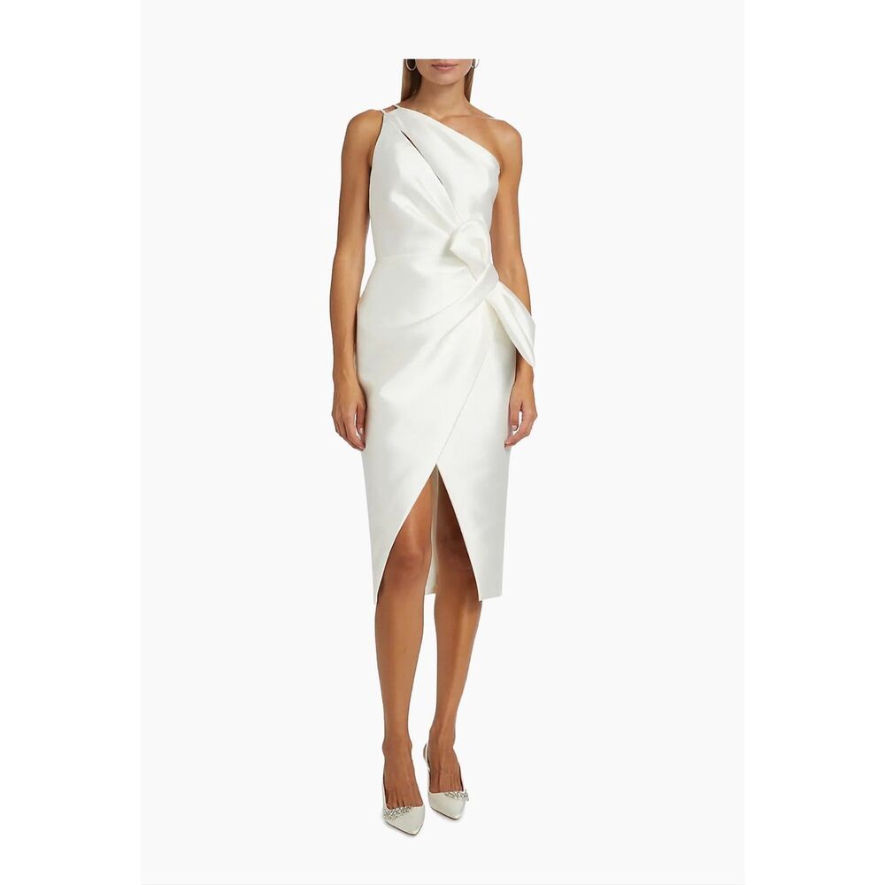 Amsale Asymmetric Satin One-Shoulder Midi-Dress size 6 - Picture 3 of 13